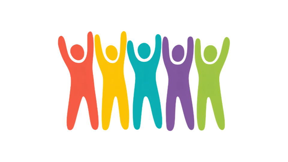 Five raised-arm figures in bright colours, standing in for an anonymous client mark